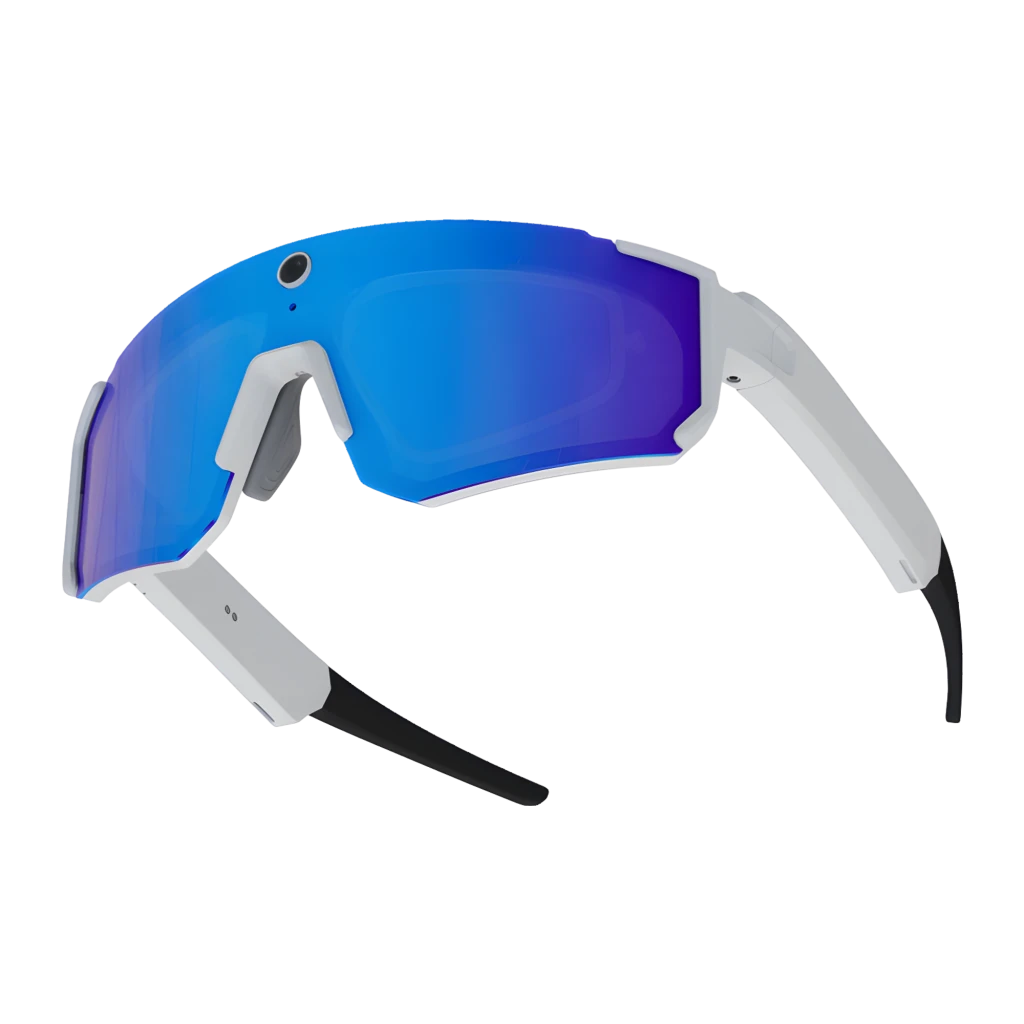 Colmi V06 Blanco con lentes azules, cámara 8MP centrada y altavoces 360° integrados en la montura deportiva; diseño envolvente y marco blanco robusto - Ítem5