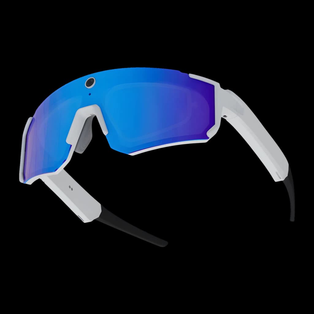 Lunettes sport blanches à écran bleu miroir, caméra 8 MP centrée, monture angulaire, branches bicolores, haut‑parleurs intégrés à 360°