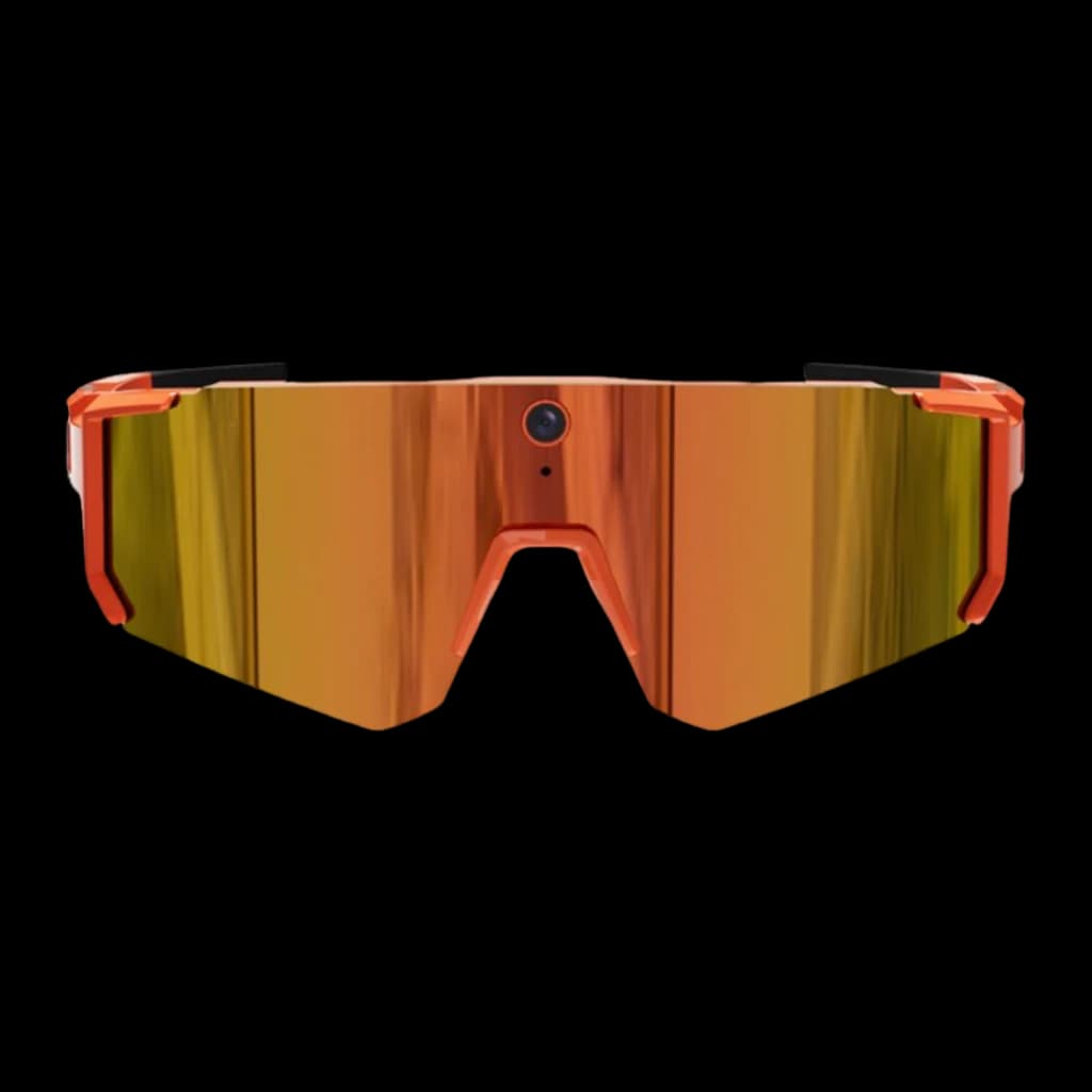 Lunettes sport orange avec écran miroir 2K, caméra 8 MP centrée, haut parleurs intégrés, design 360° enveloppant, monture en polycarbonate robuste