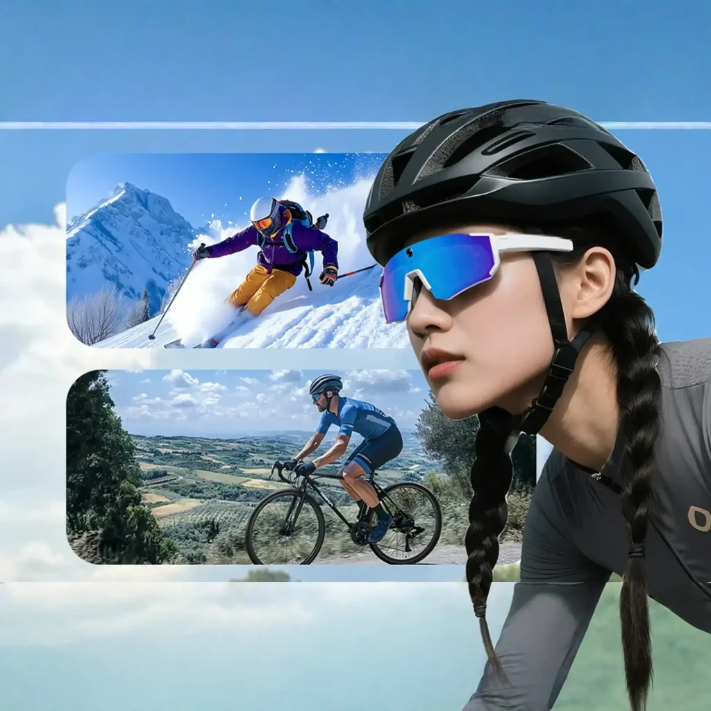 Gafas deportivas negras Colmi V06 con lentes oscuras, cámara frontal 8MP 2K integrada y patillas robustas con altavoces open ear para uso activo - Ítem1