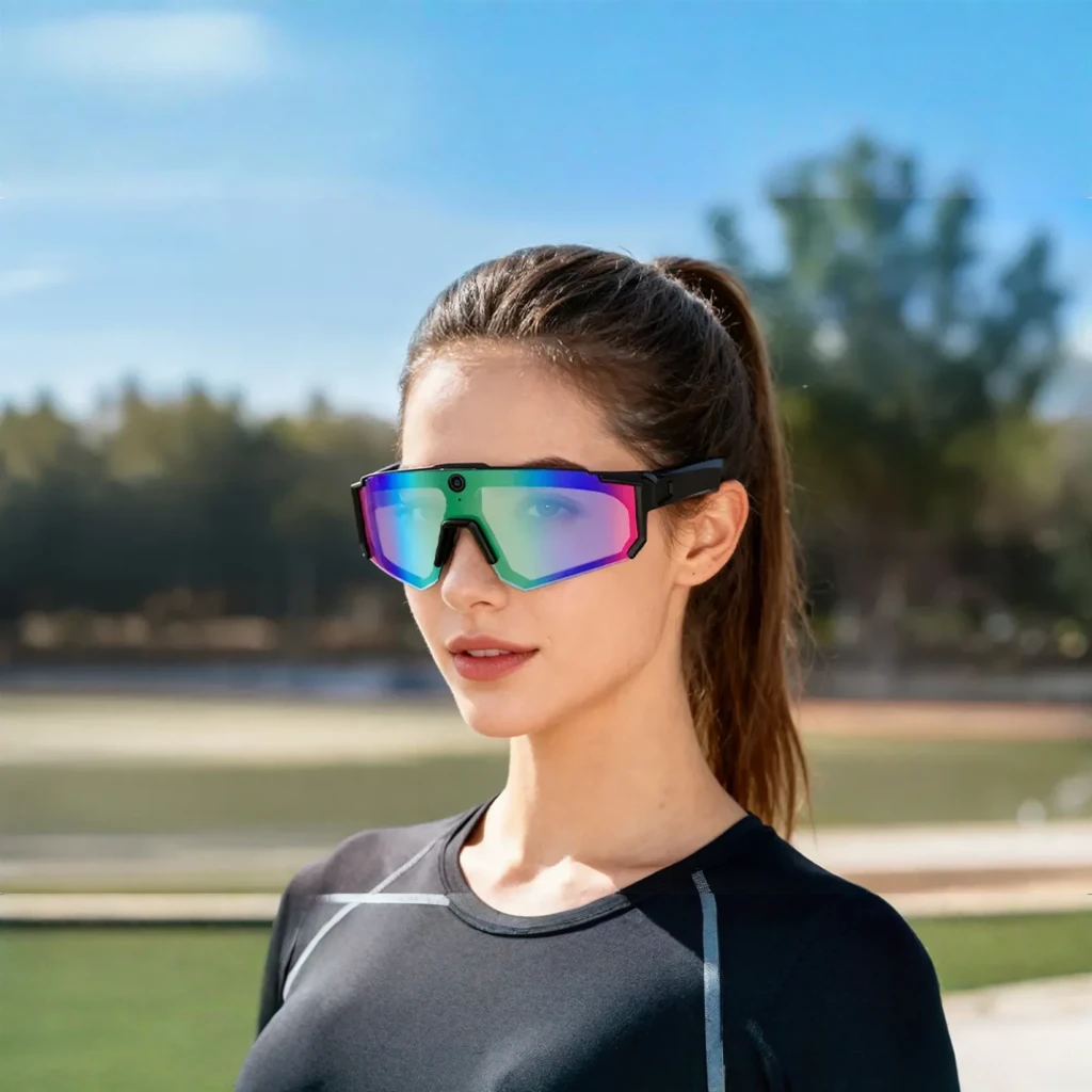 Gafas deportivas negras Colmi V06 con lentes oscuras, cámara frontal 8MP 2K integrada y patillas robustas con altavoces open ear para uso activo - Ítem4