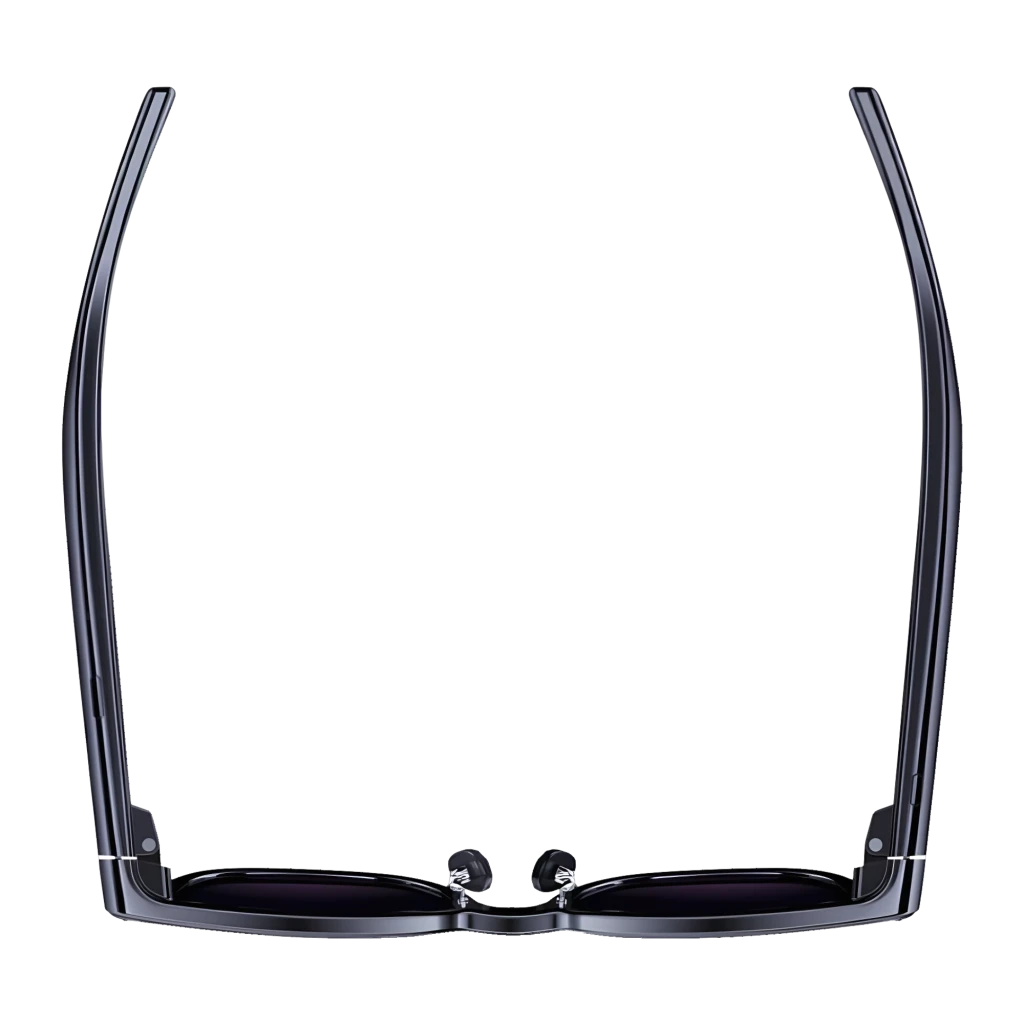 Gafas negras con lentes degradadas púrpura, cámara 8 MP integrada en las esquinas, patillas gruesas con altavoces duales y botón lateral discreto - Ítem2