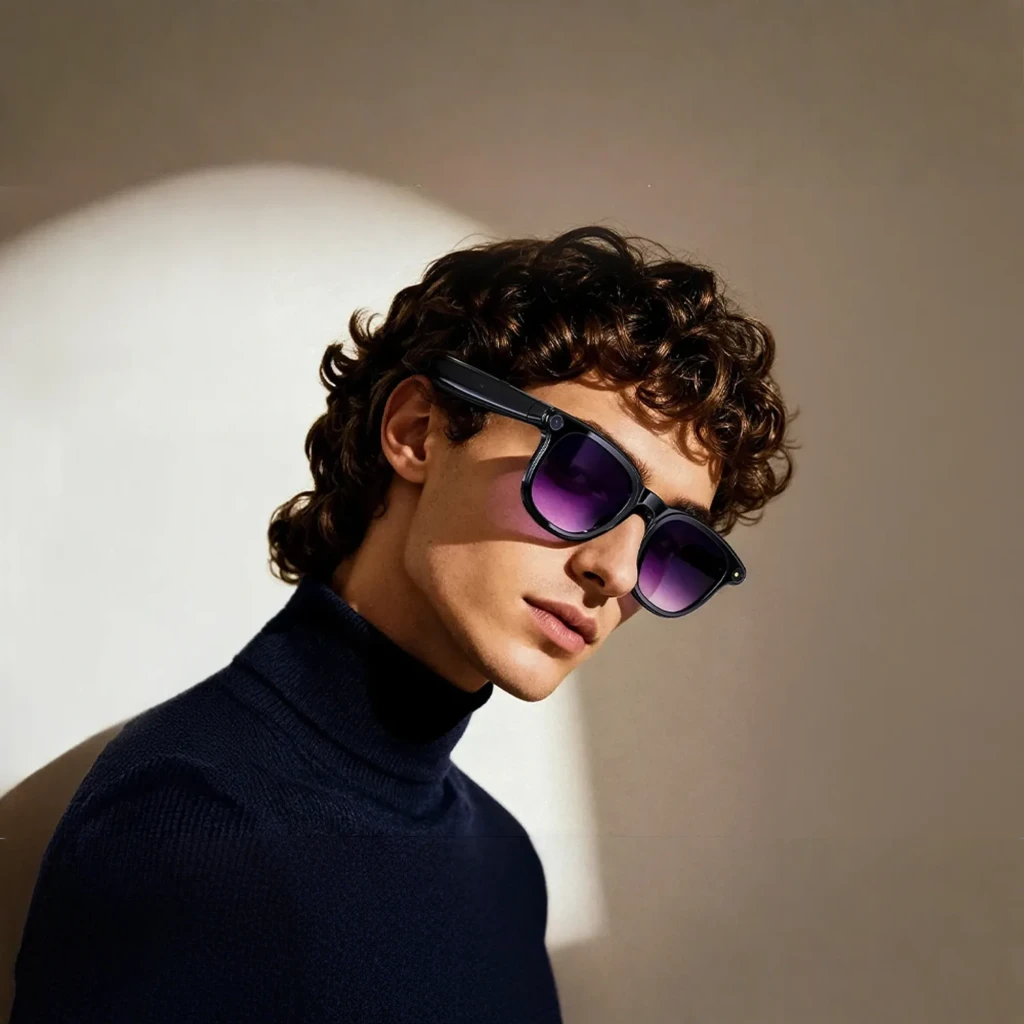 Gafas negras con lentes degradadas púrpura, cámara 8 MP integrada en las esquinas, patillas gruesas con altavoces duales y botón lateral discreto - Ítem4