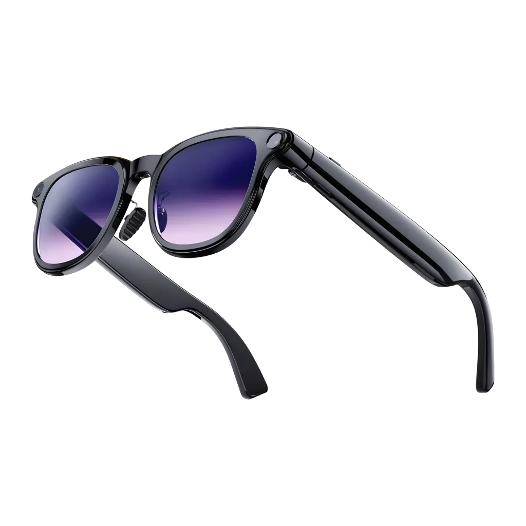 Gafas negras con lentes degradadas púrpura, cámara 8 MP integrada en las esquinas, patillas gruesas con altavoces duales y botón lateral discreto - Ítem1