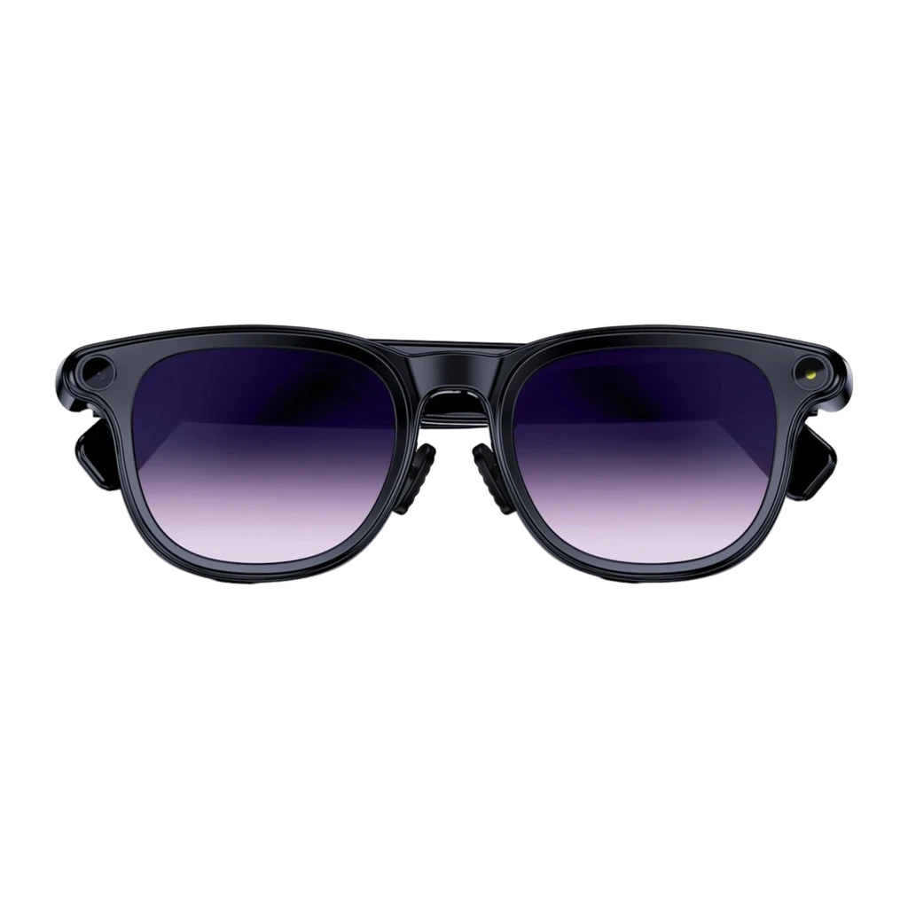 Gafas negras con lentes degradadas púrpura, cámara 8 MP integrada en las esquinas, patillas gruesas con altavoces duales y botón lateral discreto - Ítem3