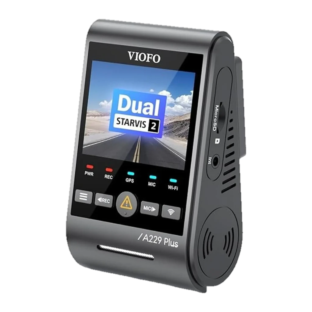 VIOFO A229 Plus 3 canais com módulo principal e duas câmeras compactas, tela colorida, indicadores LED, Wi‑Fi, GPS e app móvel exibindo rota e vídeo - Item3