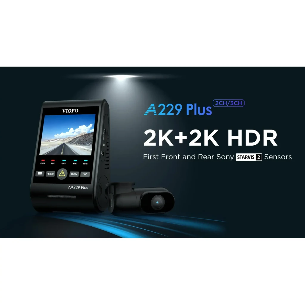 VIOFO A229 Plus 3 canais com módulo principal e duas câmeras compactas, tela colorida, indicadores LED, Wi‑Fi, GPS e app móvel exibindo rota e vídeo - Item1
