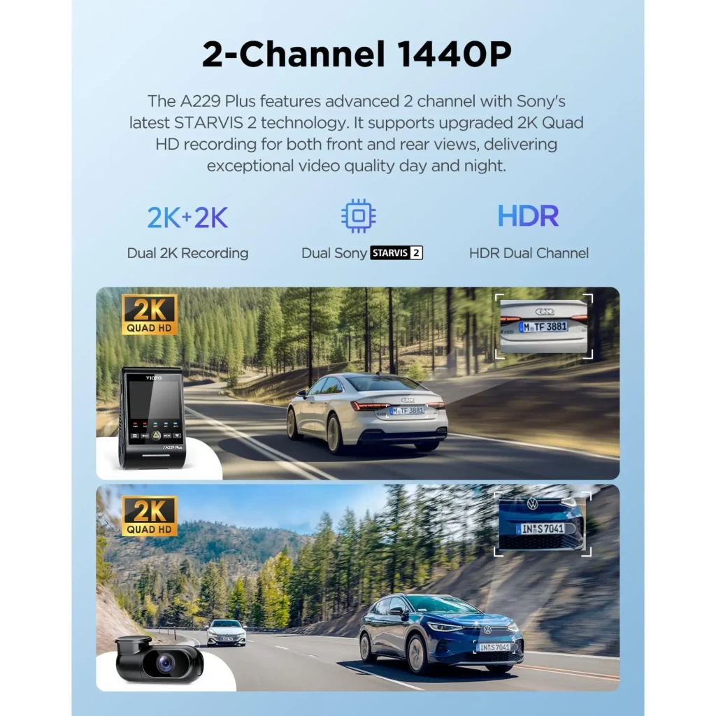 VIOFO A229 Plus 3 canais com módulo principal e duas câmeras compactas, tela colorida, indicadores LED, Wi‑Fi, GPS e app móvel exibindo rota e vídeo - Item2