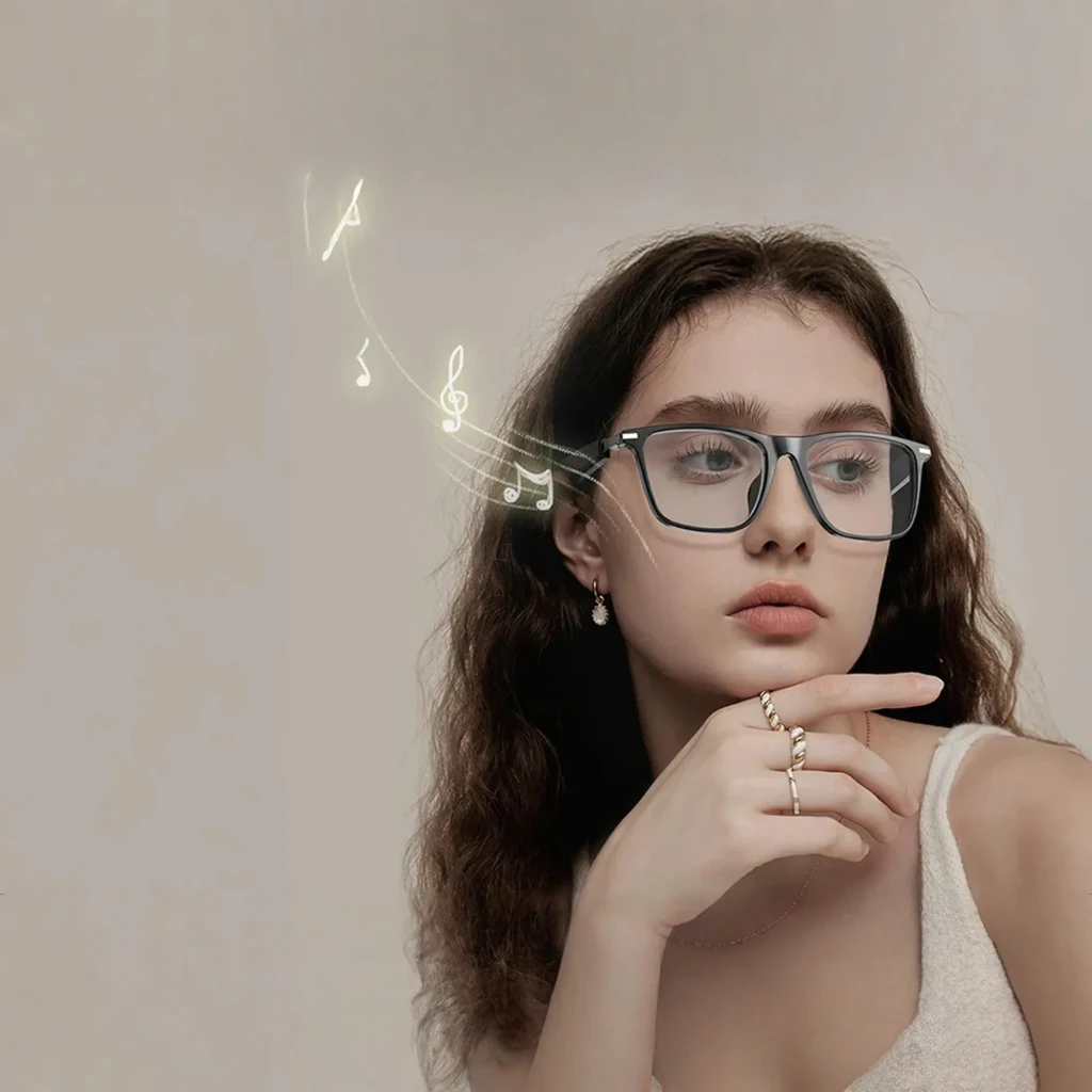 COLMI M01Pro AI Glasses con montura negra rectangular, bisagras metálicas y patillas gruesas con controles laterales y altavoces open ear Bluetooth 5.4 - Ítem3