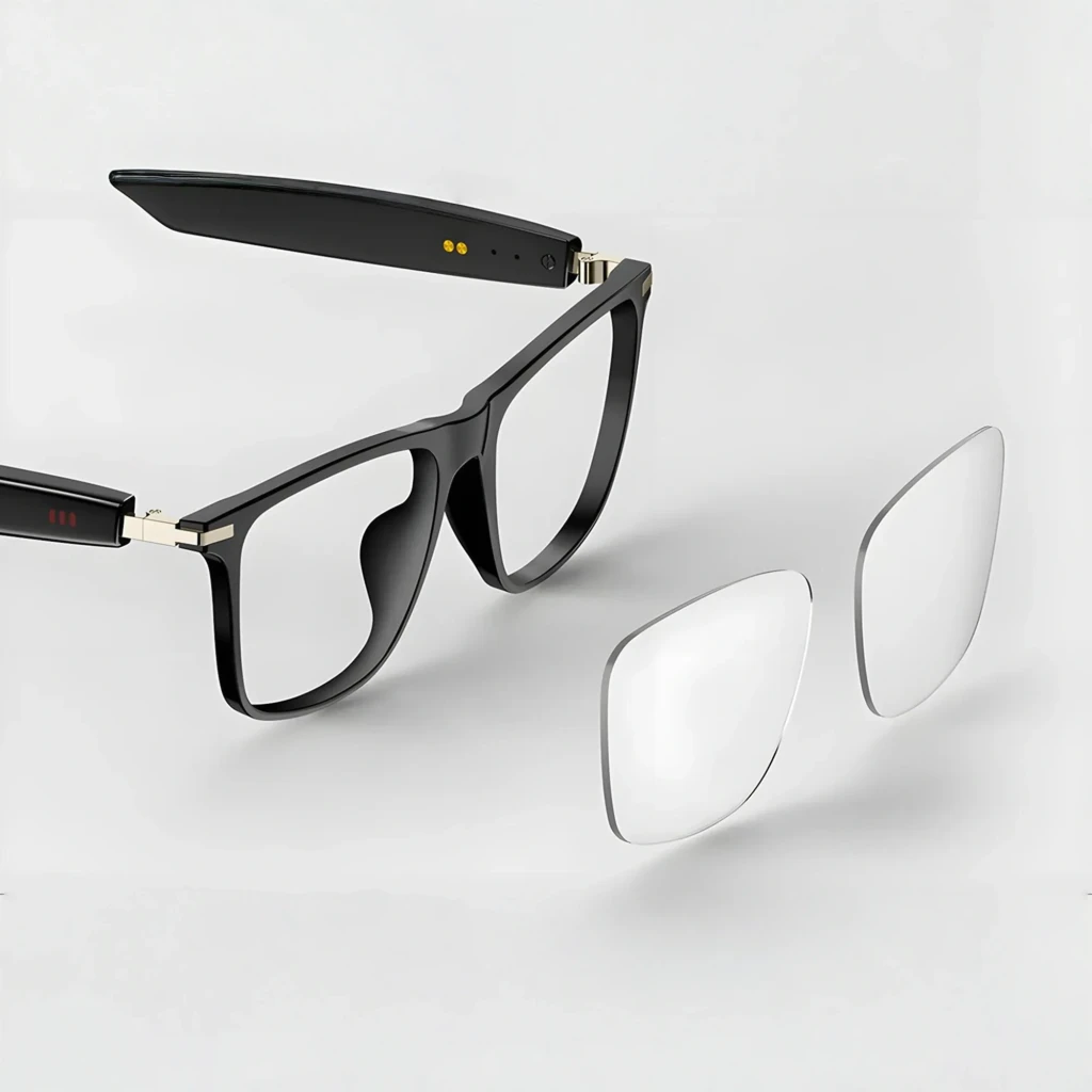 COLMI M01Pro AI Glasses con montura negra rectangular, bisagras metálicas y patillas gruesas con controles laterales y altavoces open ear Bluetooth 5.4 - Ítem6