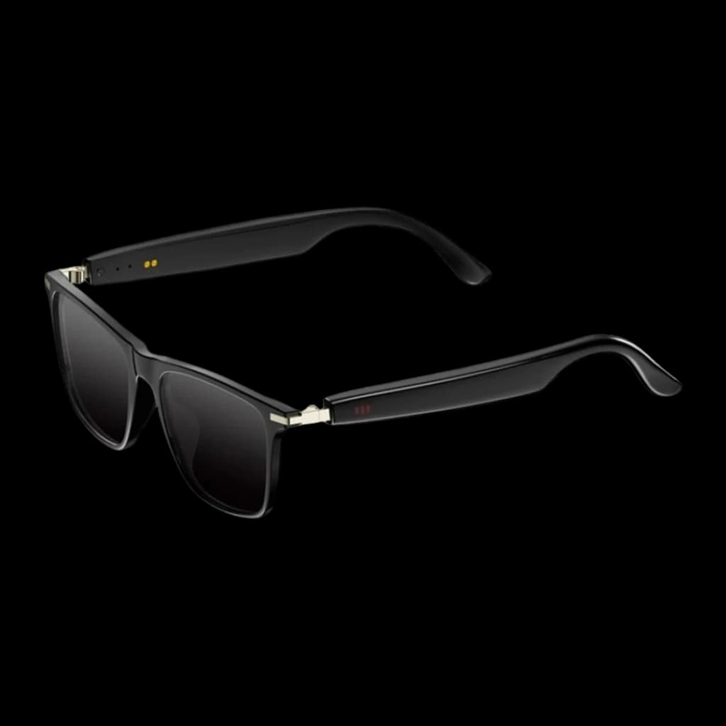 COLMI M01Pro UV AI Sunglasses Conducción Ósea Gafas de sol UV con montura negra rectangular, lentes oscuras UV, bisagras metálicas doradas y patillas gruesas