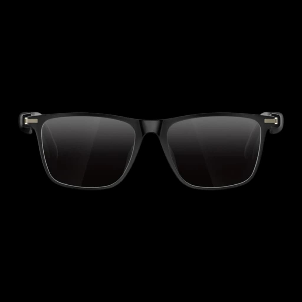 COLMI M01Pro UV AI Sunglasses Conducción Ósea Gafas de sol UV con montura negra rectangular, lentes polarizadas oscuras y bisagras metálicas visibles en las