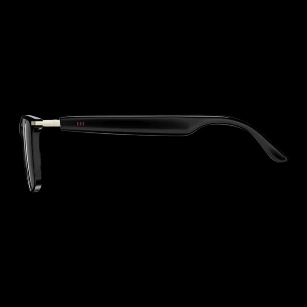 COLMI M01Pro UV AI Sunglasses Conducción Ósea Gafas de sol UV con patilla negra delgada, bisagra metálica visible y tres pines rojos laterales en el marco