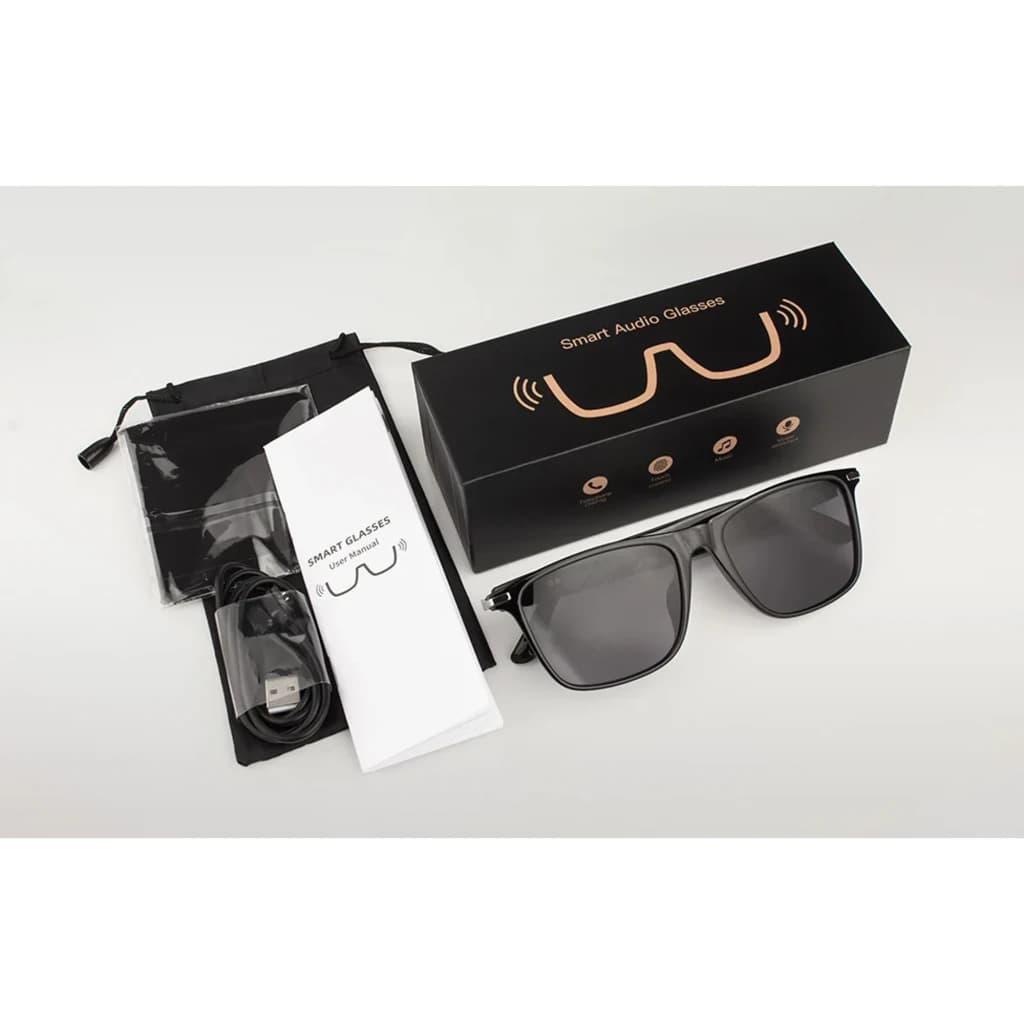COLMI M01Pro UV AI Sunglasses Conducción Ósea Gafas de sol UV con montura negra, lentes grises, estuche, cable USB y manual; audio integrado por conducción