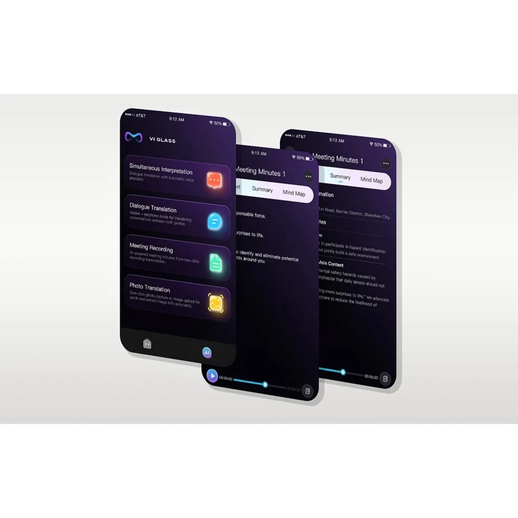 Interfaz de la app de COLMI M01Pro UV AI Sunglasses: tres pantallas oscuras con iconos de interpretación, grabación, traducción y resúmenes en tarjetas
