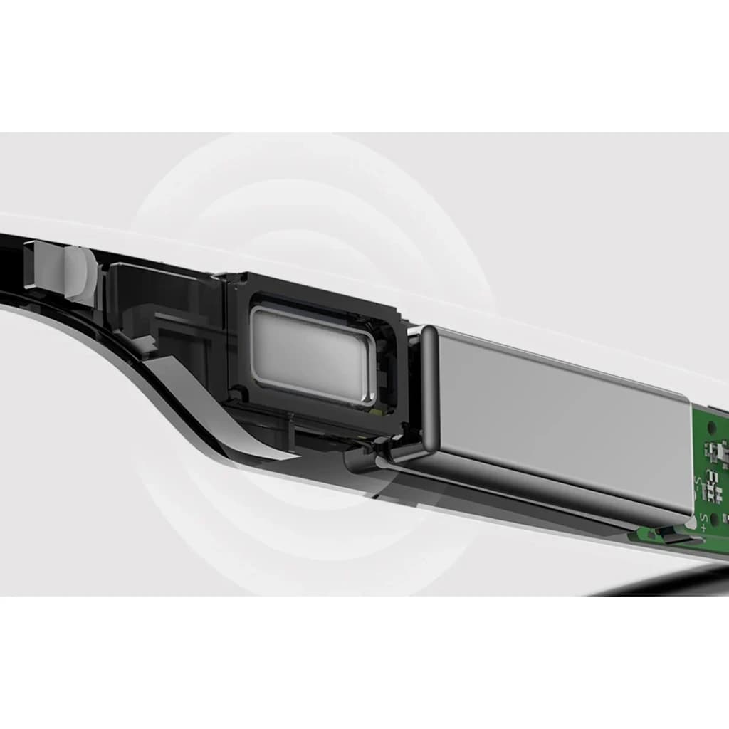 Detalle interno de COLMI M01Pro UV AI Sunglasses: transductor de conducción ósea, batería compacta y módulo electrónico integrados en la patilla