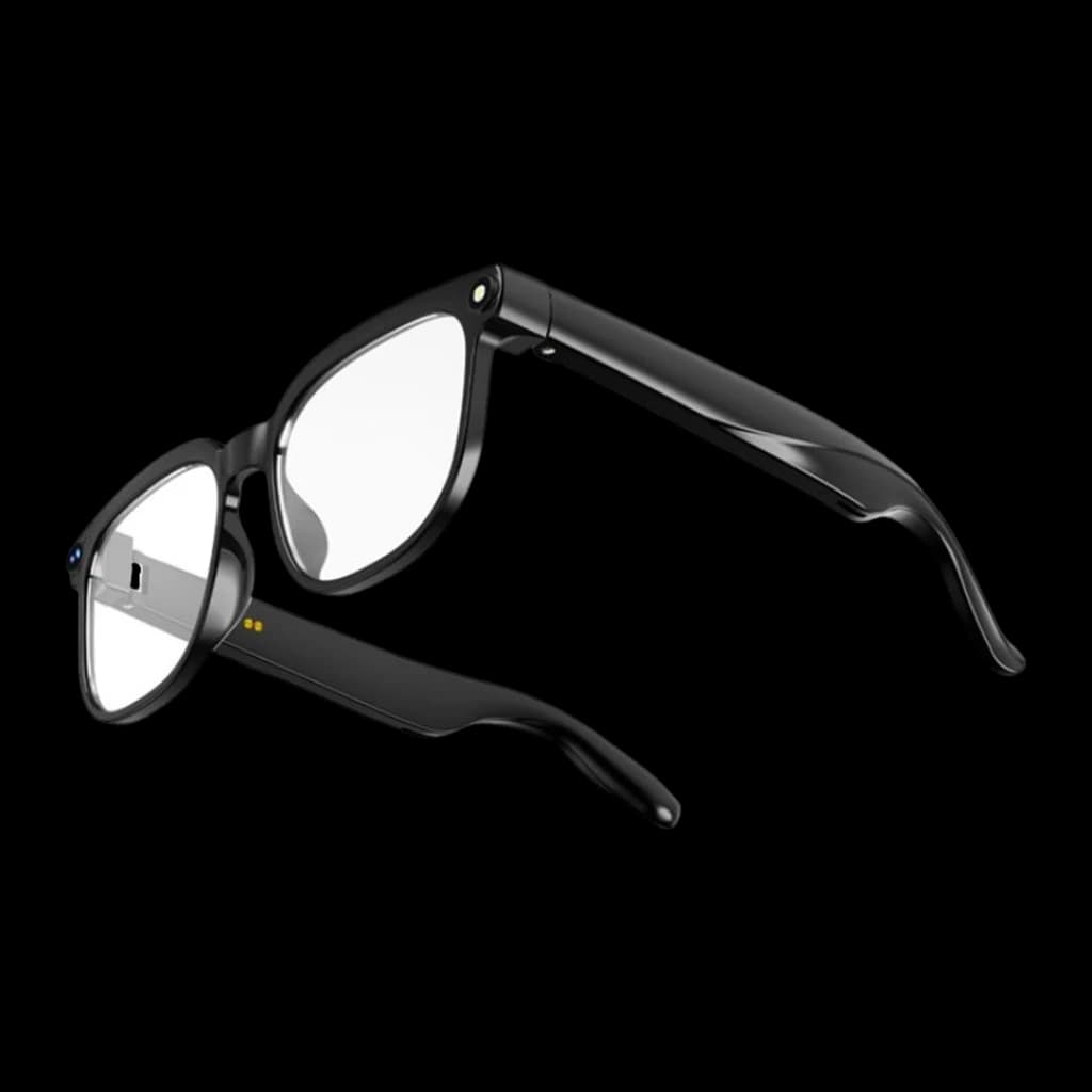 Gafas COLMI M02S con montura negra brillante, cámara 8MP Sony IMX219 en la patilla y altavoces duales integrados, bisagras robustas y lentes transparentes