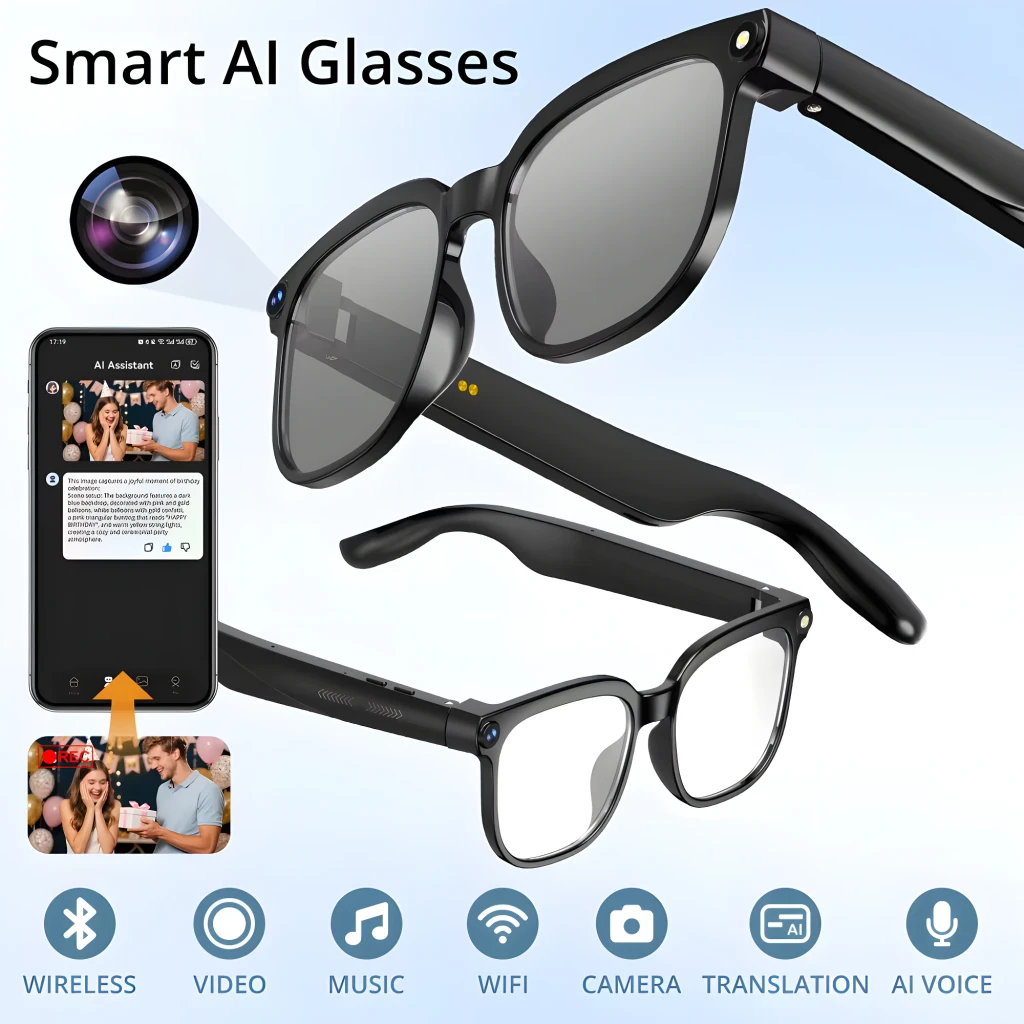 Gafas COLMI M02S con montura negra brillante, cámara 8MP Sony IMX219 en la patilla y altavoces duales integrados, bisagras robustas y lentes transparentes - Ítem6