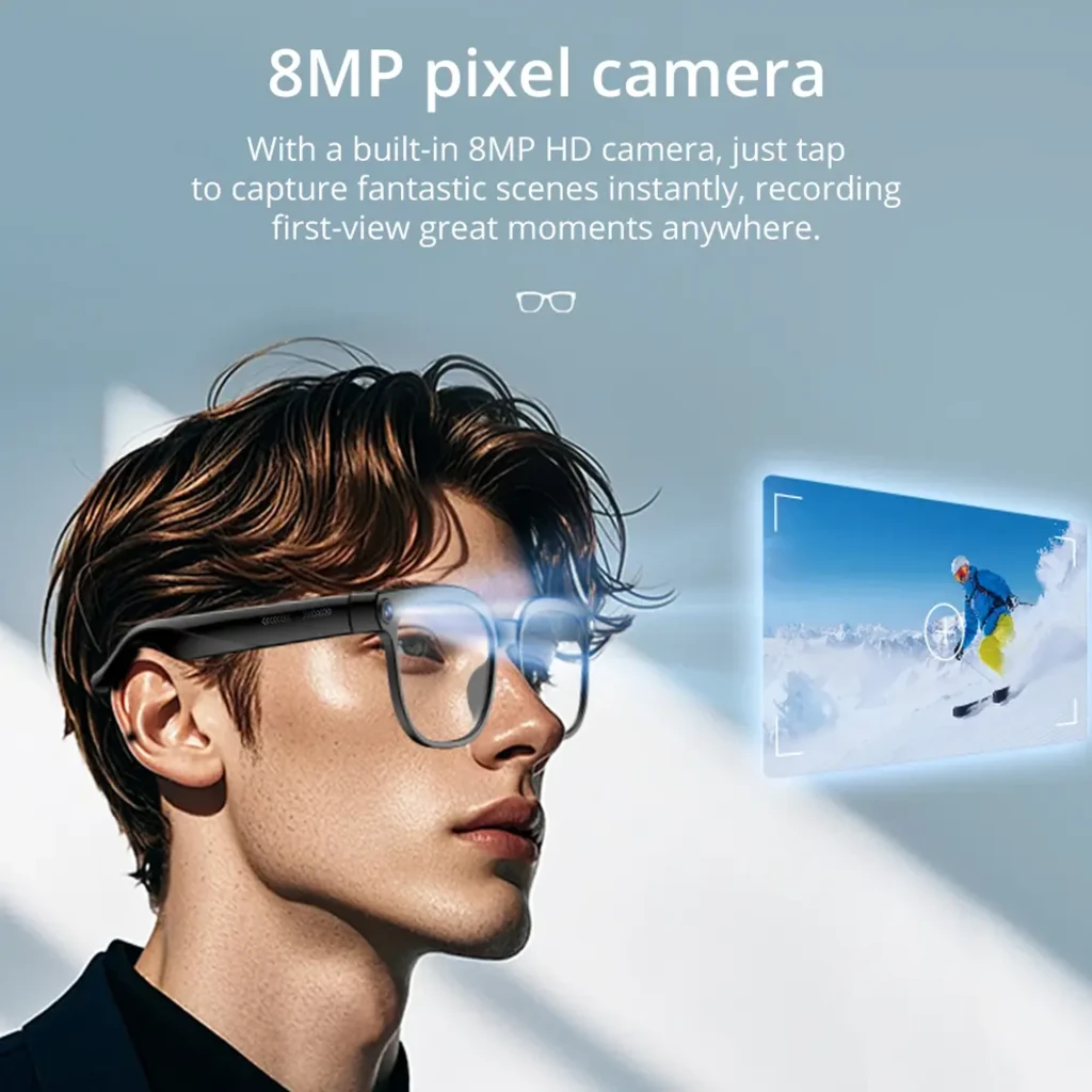 Gafas COLMI M02S con montura negra brillante, cámara 8MP Sony IMX219 en la patilla y altavoces duales integrados, bisagras robustas y lentes transparentes - Ítem7