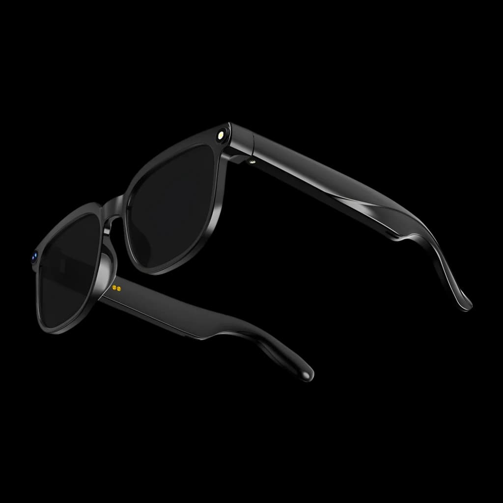 Gafas inteligentes negras COLMI M02S UV con cámara 8MP Sony IMX219 en la bisagra, montura mate, patillas gruesas y altavoces duales integrados