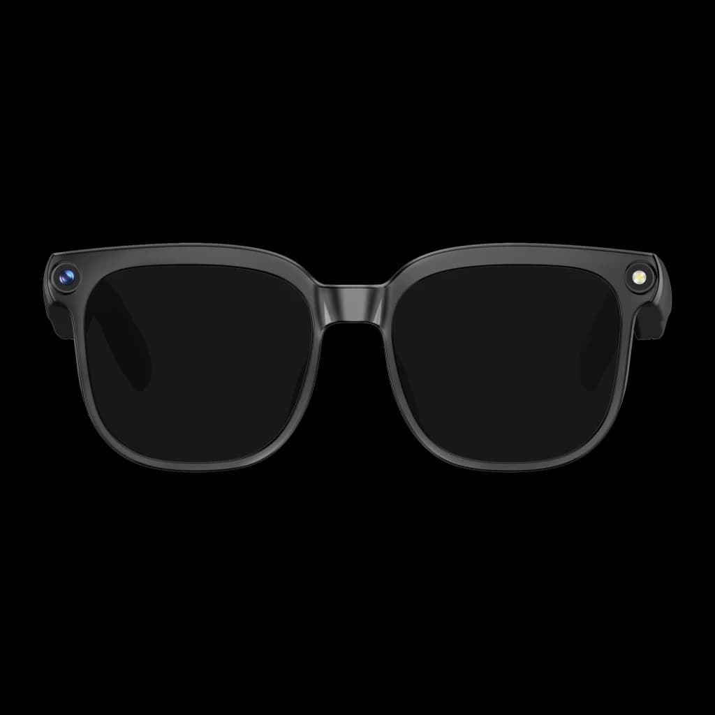 COLMI M02S UV AI Sunglasses con montura negra, lentes oscuros, cámara 8MP Sony IMX219 en la esquina izquierda y módulo lateral con altavoces duales
