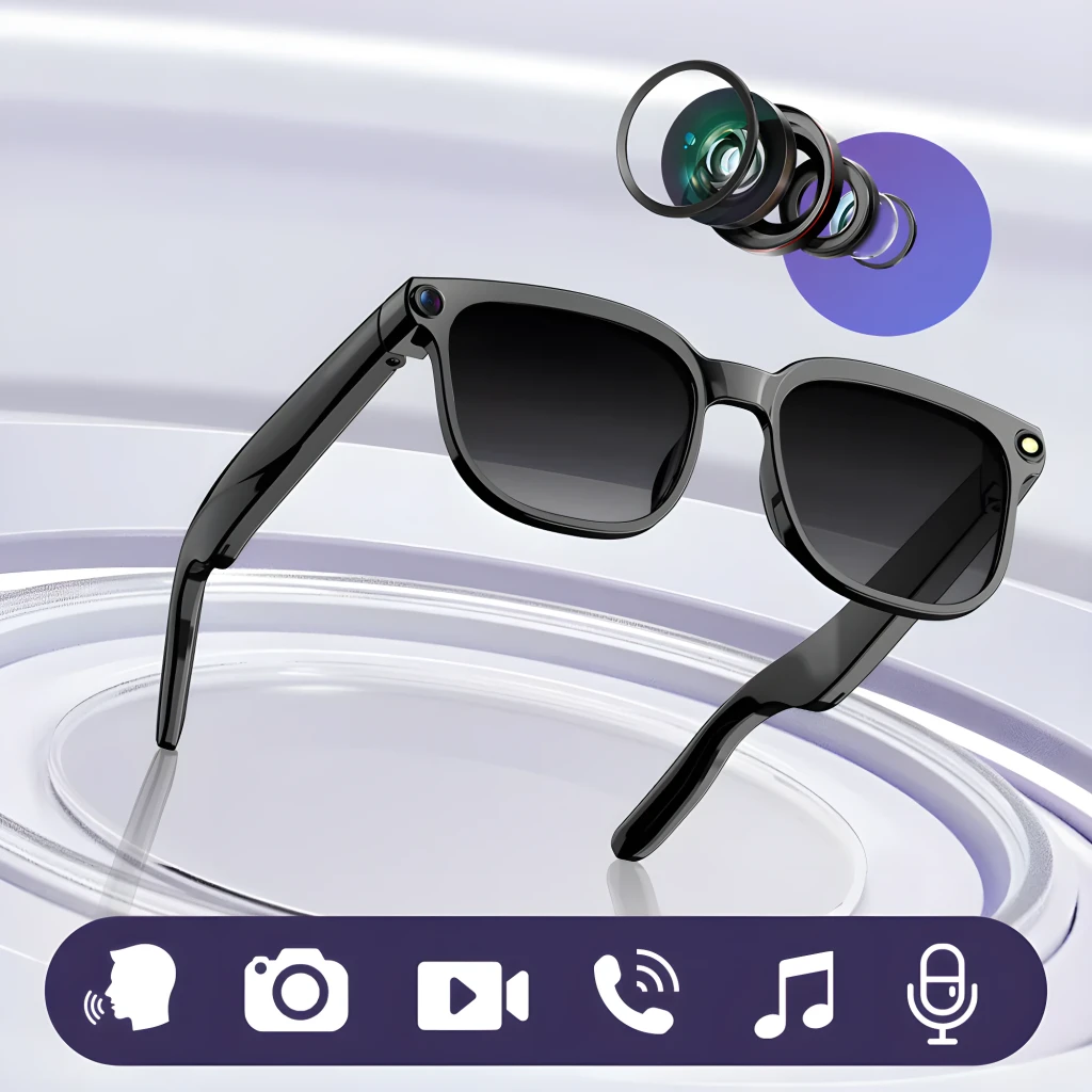 Gafas inteligentes negras COLMI M02S UV con cámara 8MP Sony IMX219 en la bisagra, montura mate, patillas gruesas y altavoces duales integrados - Ítem3