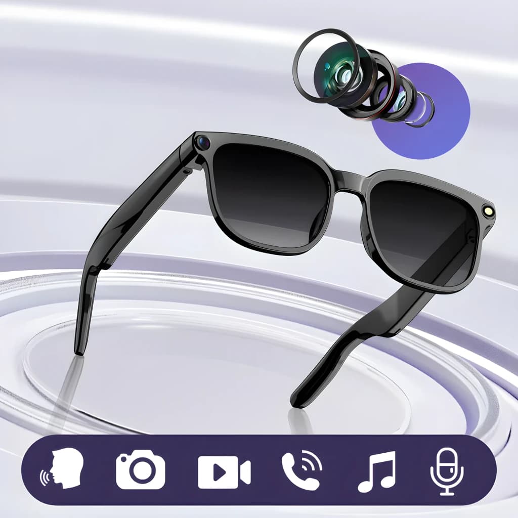 Gafas inteligentes COLMI M02S UV con cámara 8MP Sony IMX219 integrada, altavoces duales en las patillas, micrófono, lentes polarizadas y diseño negro moderno