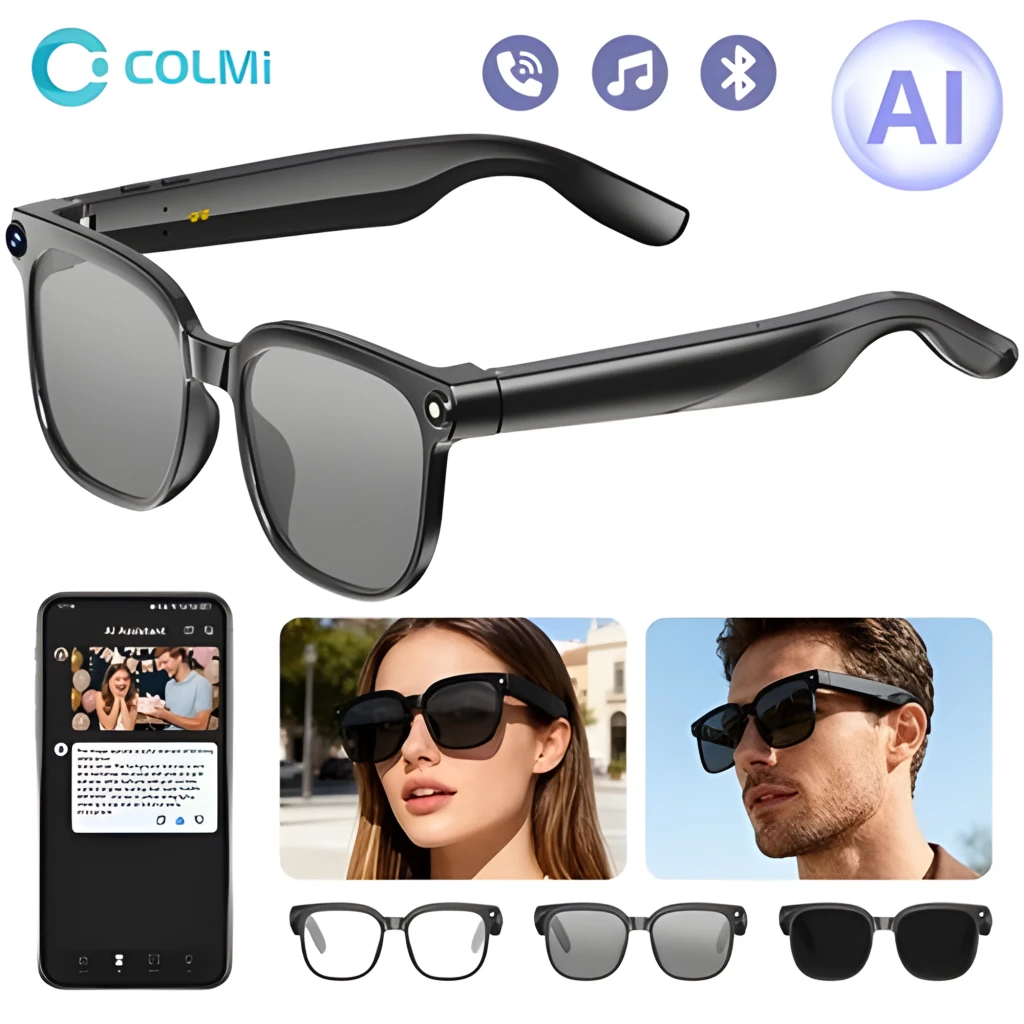Gafas inteligentes negras COLMI M02S UV con cámara 8MP Sony IMX219 en la bisagra, montura mate, patillas gruesas y altavoces duales integrados - Ítem4