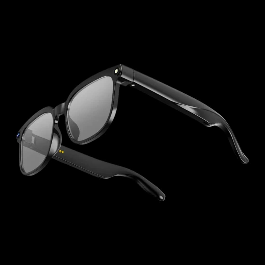 Colmi M02S AI Photochromic Sunglasses 8MP Sony IMX219 gafas negras con lentes fotocromáticas grises, montura robusta y cámara discreta integrada en la patilla