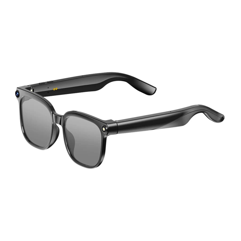 Colmi M02S AI Photochromic Sunglasses 8MP Sony IMX219 con montura negra, lentes grises fotocromáticos y cámara discreta en la bisagra frontal