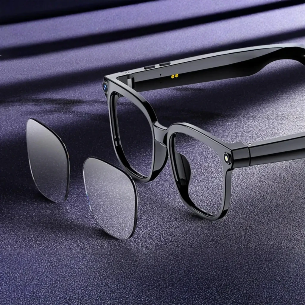 Colmi M02S AI Photochromic Sunglasses 8MP Sony IMX219 gafas negras con lentes fotocromáticas grises, montura robusta y cámara discreta integrada en la patilla - Ítem9