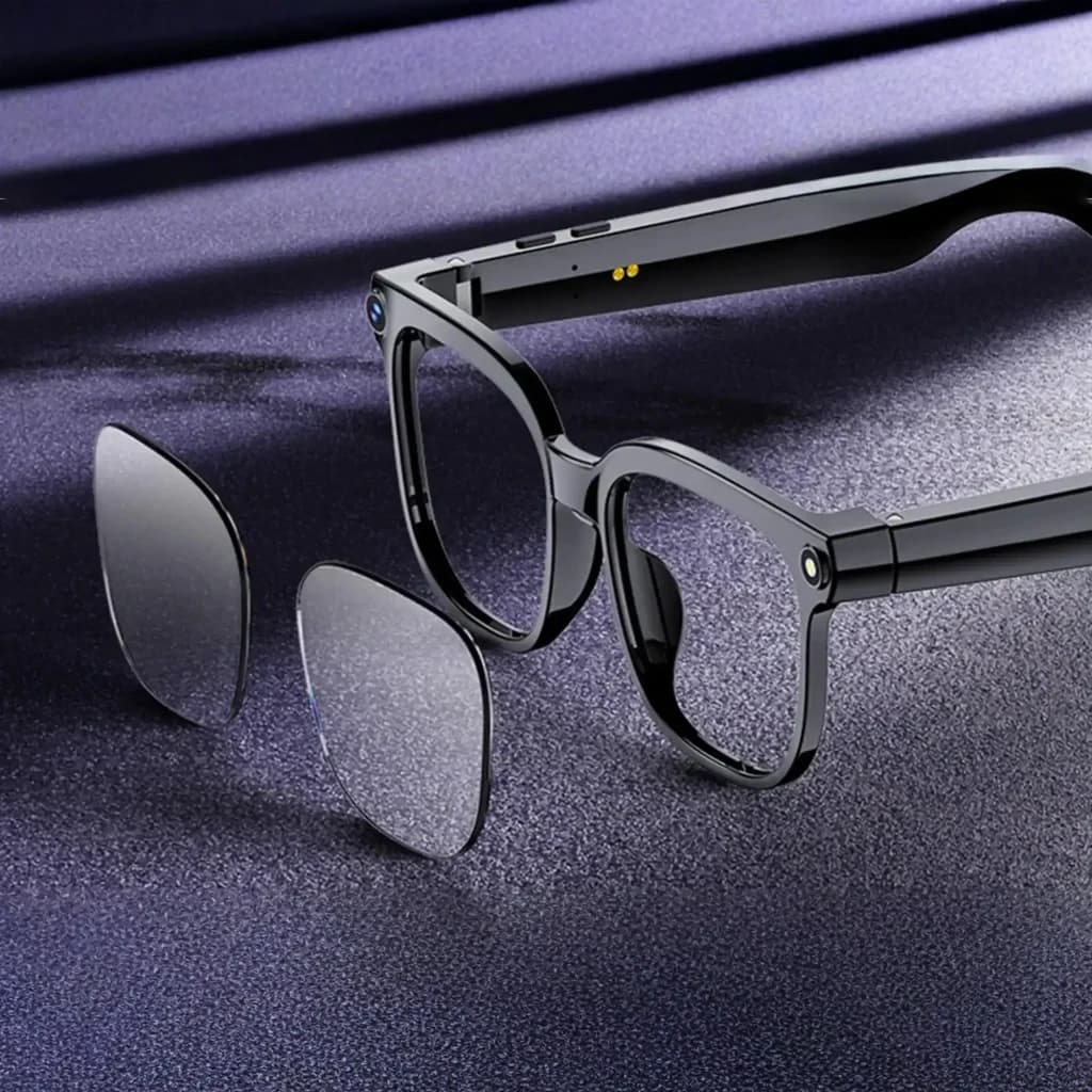 Gafas Colmi M02S con montura negra cuadrada, cámara 8MP Sony IMX219 en las bisagras, patillas gruesas con controles y lentes fotocromáticos intercambiables