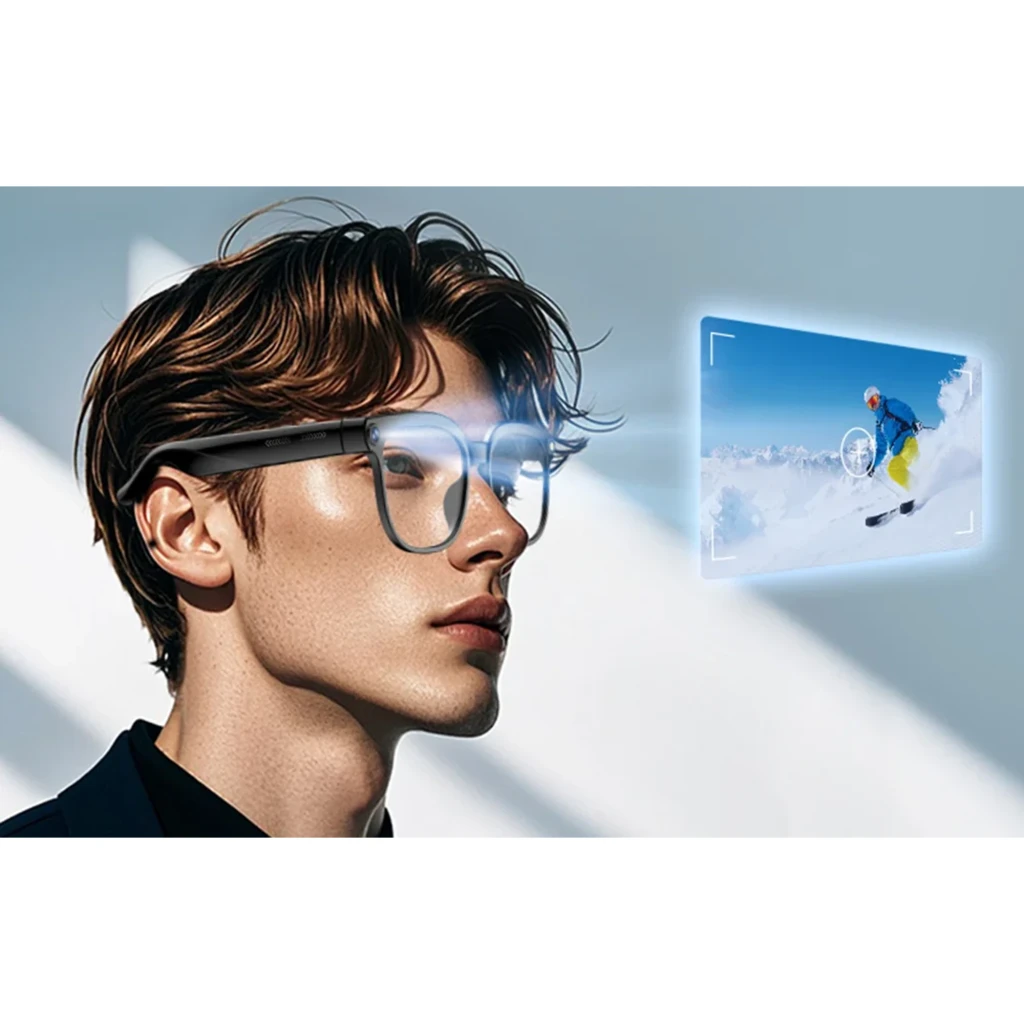 Colmi M02S AI Photochromic Sunglasses 8MP Sony IMX219 gafas negras con lentes fotocromáticas grises, montura robusta y cámara discreta integrada en la patilla - Ítem6