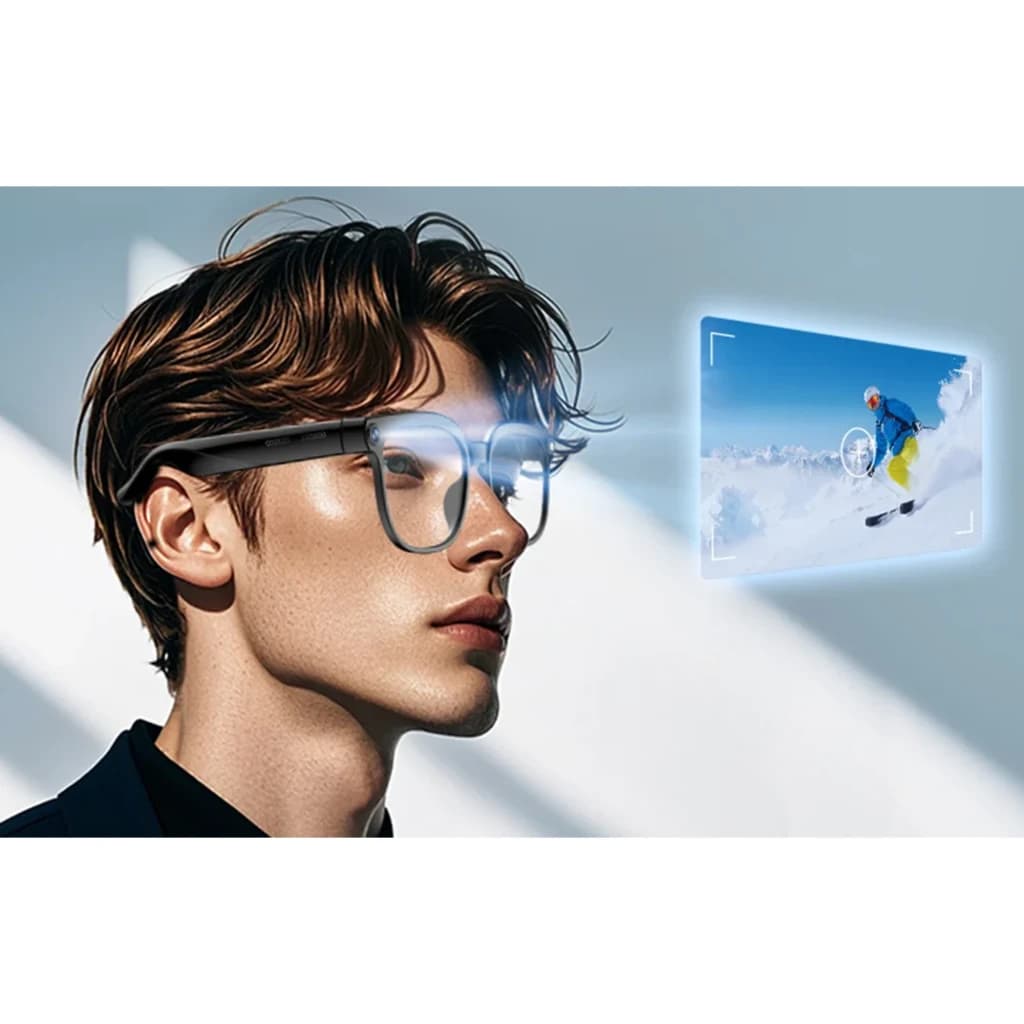 Gafas Colmi M02S AI Photochromic con lentes transparentes que se oscurecen, montura gris, cámara 8MP Sony IMX219 integrada y proyección HUD en la lente