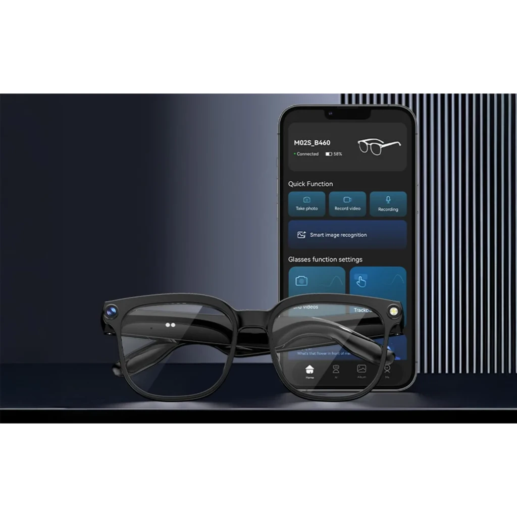 Colmi M02S AI Photochromic Sunglasses 8MP Sony IMX219 gafas negras con lentes fotocromáticas grises, montura robusta y cámara discreta integrada en la patilla - Ítem5