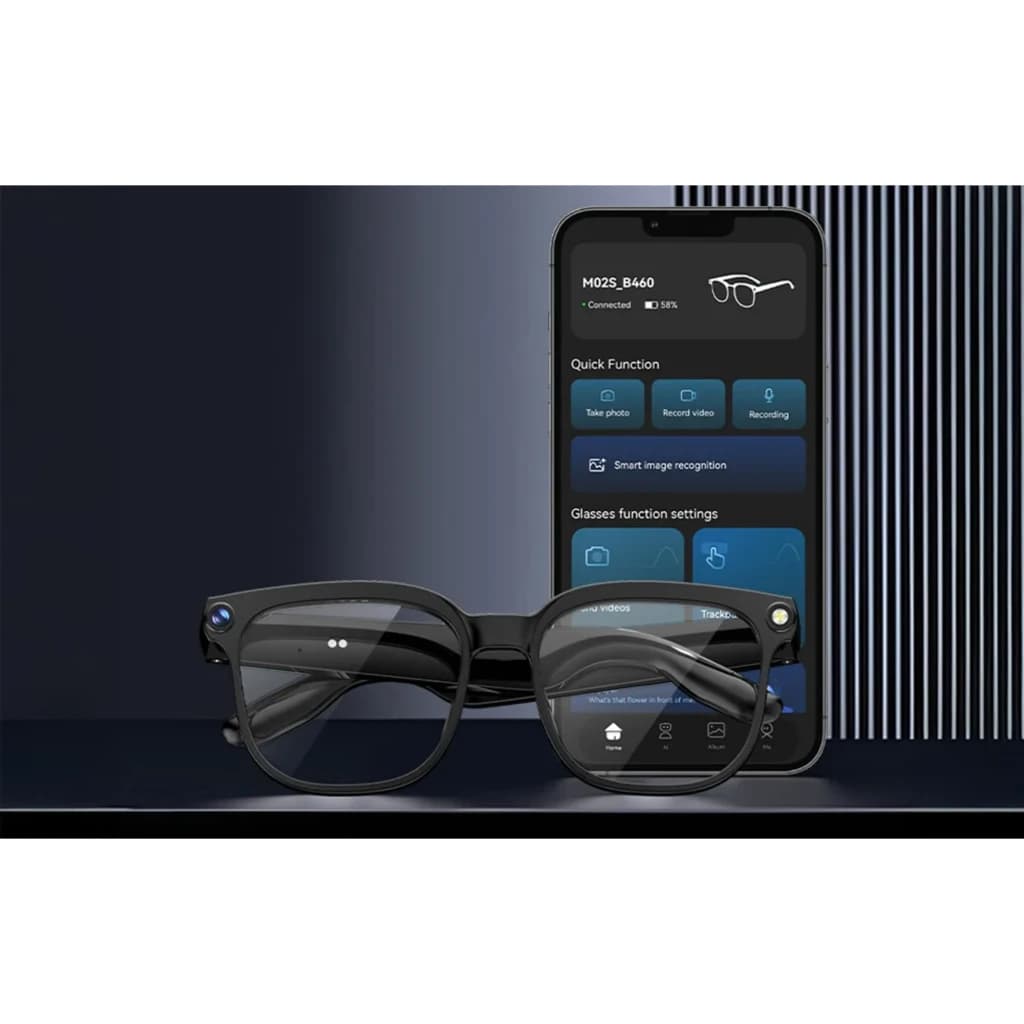 Colmi M02S AI Photochromic Sunglasses con cámara 8MP Sony IMX219, lentes fotocromáticos, marco negro con botones y luz LED, app móvil de control en pantalla