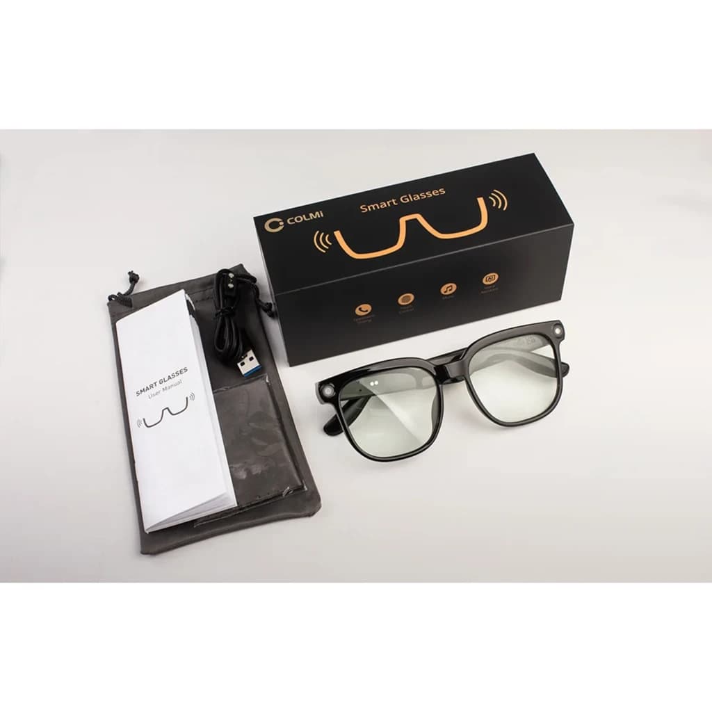 Colmi M02S AI Photochromic Sunglasses 8MP Sony IMX219 con lentes fotocromáticos, cámara 8MP integrada, marco negro clásico y accesorios USB, funda y manual