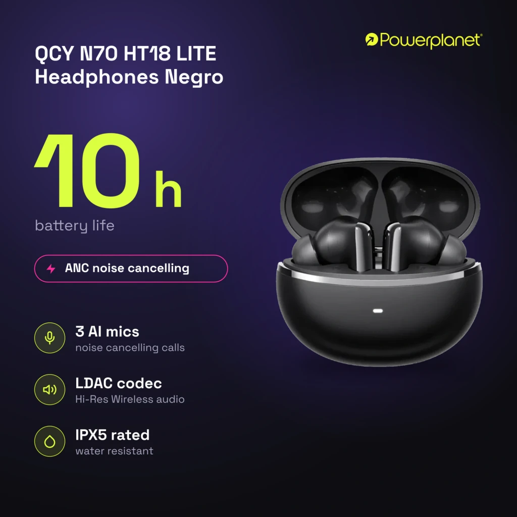 Boîtier noir arrondi avec LED frontale et deux écouteurs intra-auriculaires noirs à tige courte, finition brillante, design compact TWS élégante - Ítem5