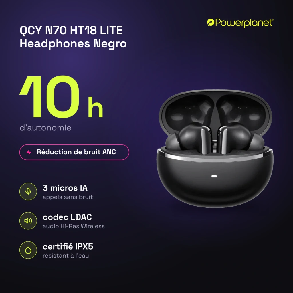 Boîtier noir arrondi avec LED frontale et deux écouteurs intra-auriculaires noirs à tige courte, finition brillante, design compact TWS élégante - Ítem6