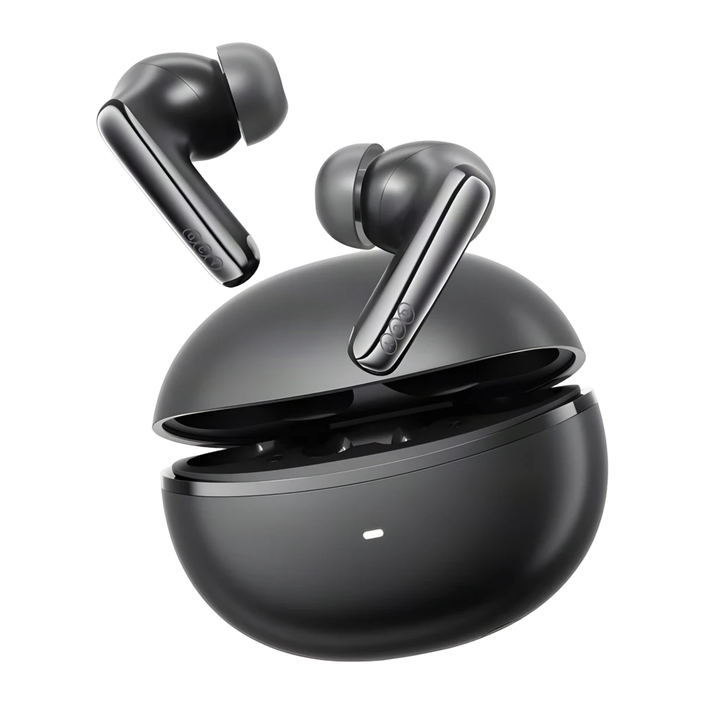 Boîtier noir arrondi avec LED frontale et deux écouteurs intra-auriculaires noirs à tige courte, finition brillante, design compact TWS élégante - Ítem2