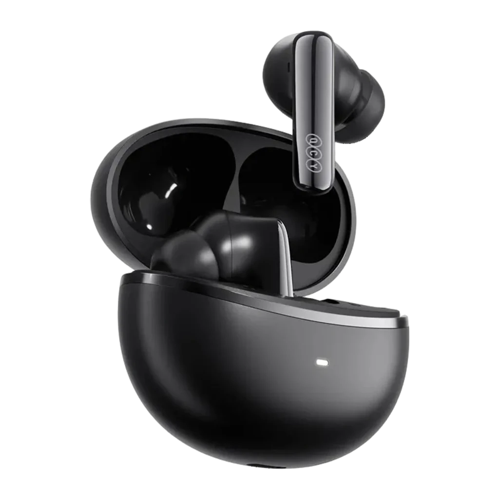 Boîtier noir arrondi avec LED frontale et deux écouteurs intra-auriculaires noirs à tige courte, finition brillante, design compact TWS élégante - Ítem1