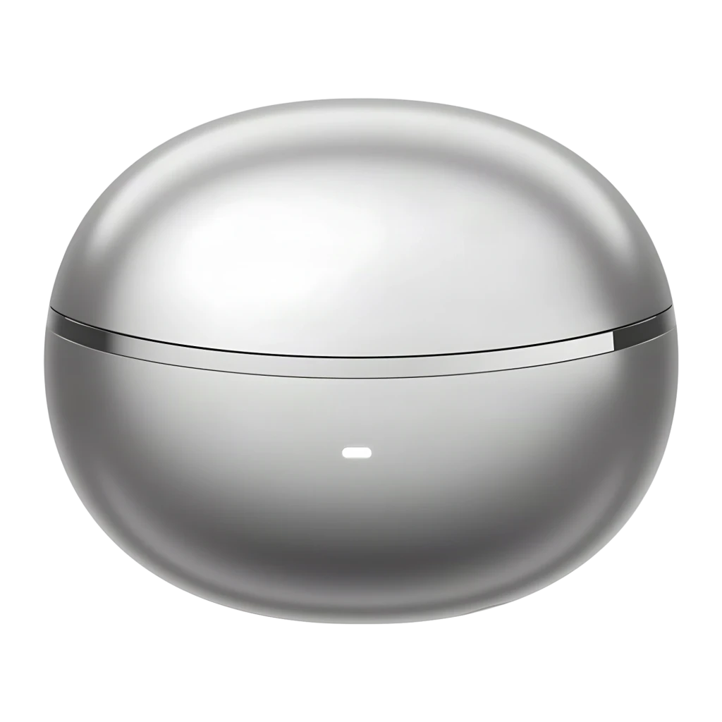 Boîtier argenté arrondi avec deux écouteurs intra brillants, tiges métallisées, LED frontale, intérieur lisse et aimanté pour maintien sécurisé - Ítem1