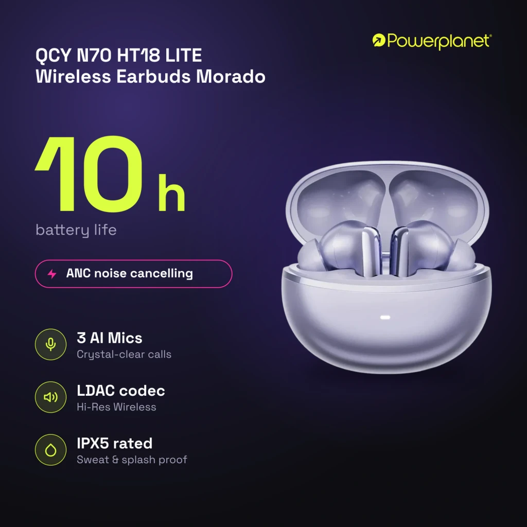 Écouteurs QCY MeloBuds N70 HT18 Lite Pourpre TWS intra avec boîtier arrondi brillant, tiges métalliques, embouts silicone, LED frontale et finition violette - Ítem3