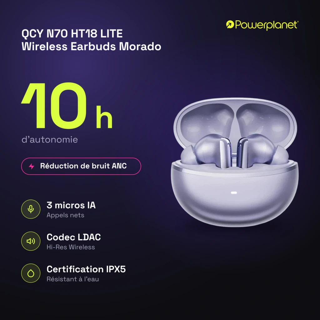 Écouteurs QCY MeloBuds N70 HT18 Lite Pourpre TWS intra avec boîtier arrondi brillant, tiges métalliques, embouts silicone, LED frontale et finition violette - Ítem4