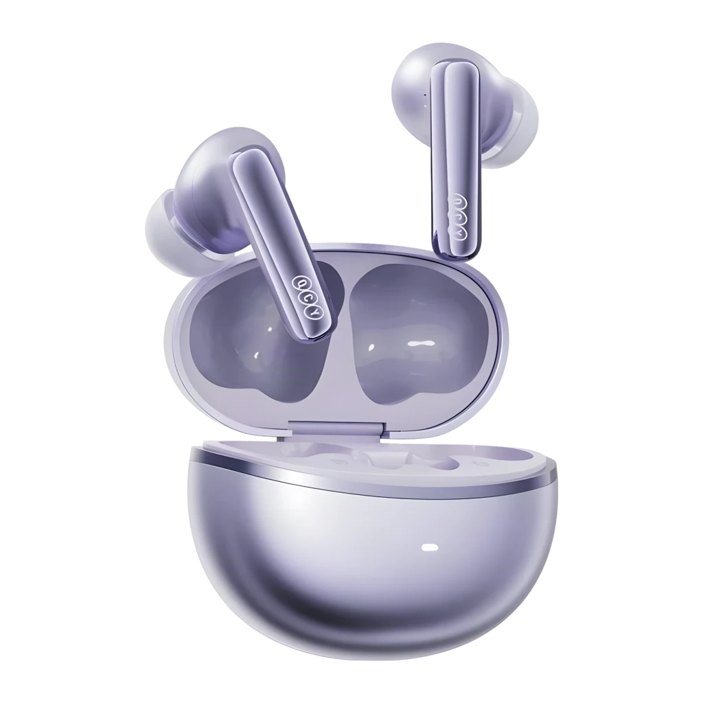 Écouteurs QCY MeloBuds N70 HT18 Lite Pourpre TWS intra avec boîtier arrondi brillant, tiges métalliques, embouts silicone, LED frontale et finition violette - Ítem1