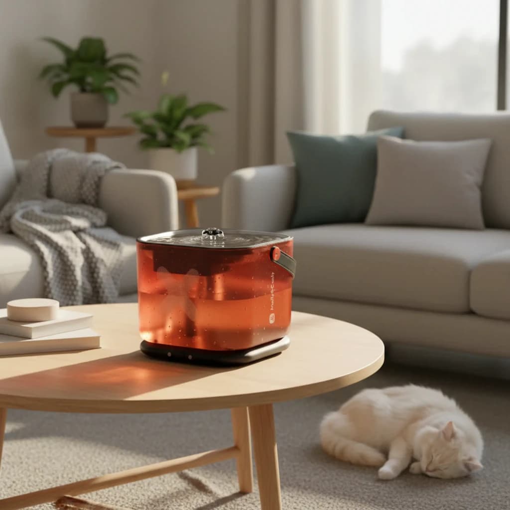 Fontaine automatique Molly & Cody pour Chats Sans Fil, réservoir cubique translucide ambré, couvercle acier, base noire antidérapante, design moderne salon