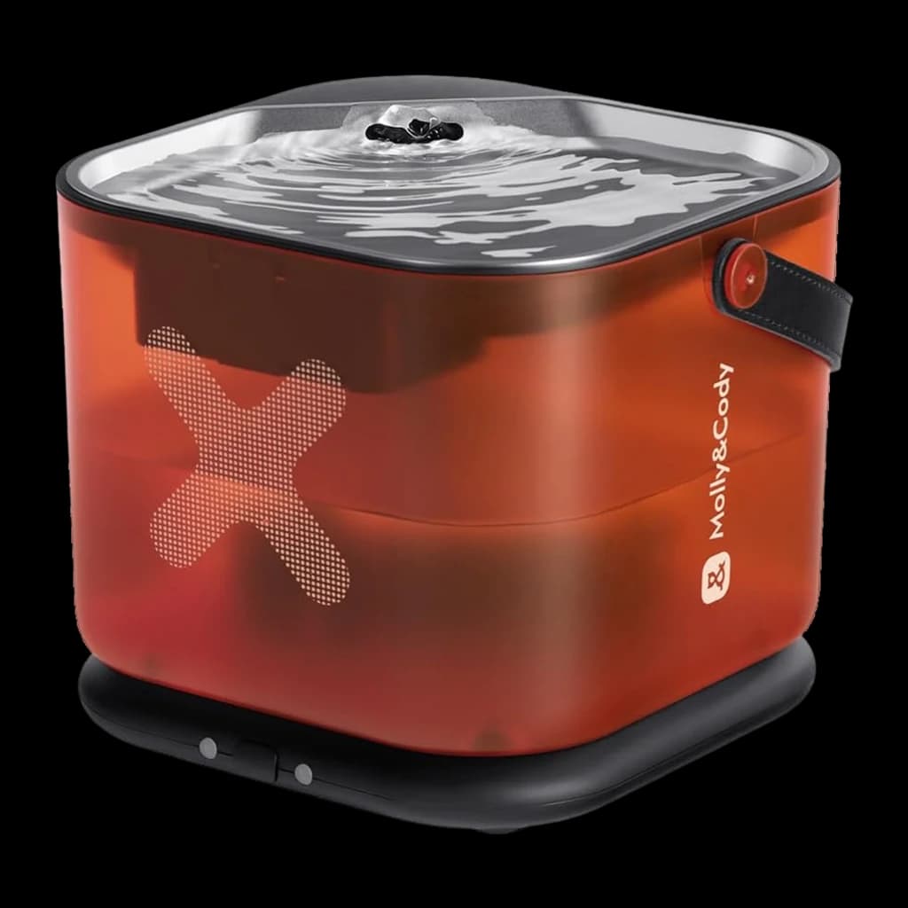 Fontaine automatique Molly & Cody pour Chats Sans Fil, cube orange translucide avec réservoir large, couvercle inox ondulant et bouton latéral, base