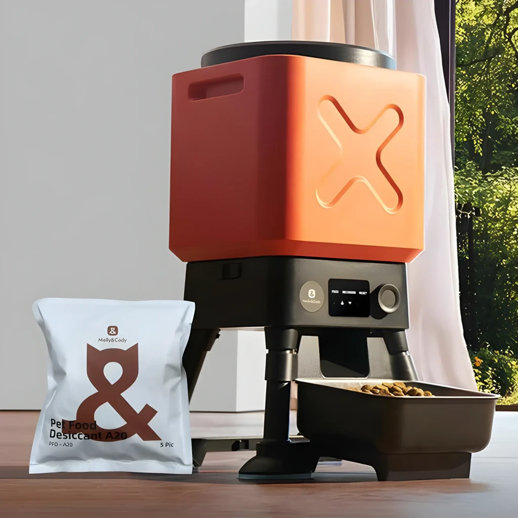 Desecante Molly & Cody Food Desiccant Gel de Sílice Pack 5 bolsas junto a dispensador automático negro y naranja con panel digital y tazón con croquetas - Ítem2