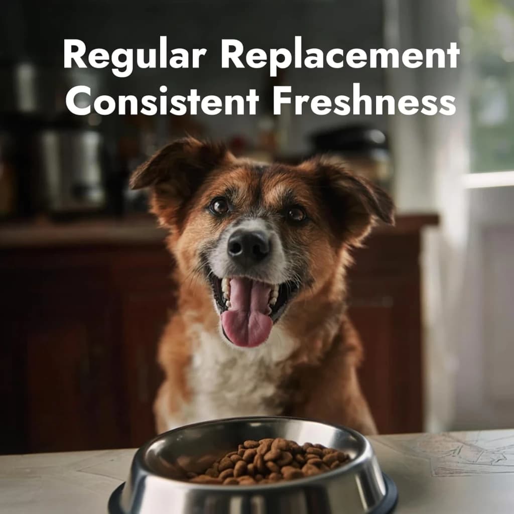 Perro sonriente junto a un plato de croquetas; mensaje destaca reemplazo regular para frescura constante. Ideal para Desecante Molly & Cody pack 5 bolsas