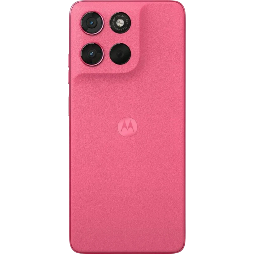 Smartphone rose Pink Lemonade avec triple capteur arrière proéminent, écran bord à bord 120Hz avec poinçon central, logo Motorola discret au dos - Ítem3